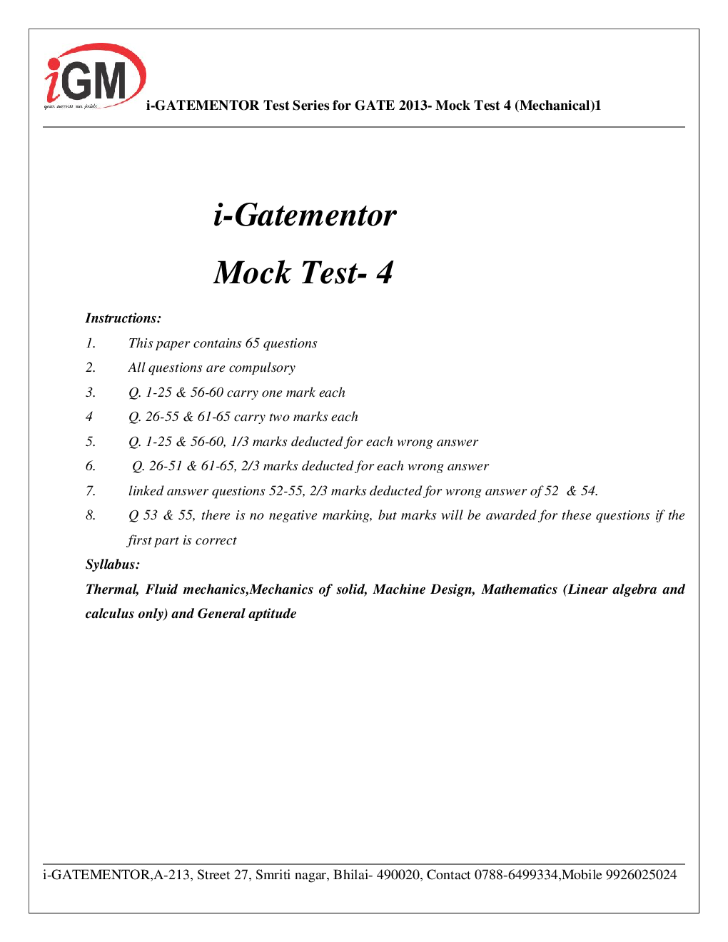 iGate Mechanical Mock Test IV With Solution By Mr Arvind Rai - Page 2
