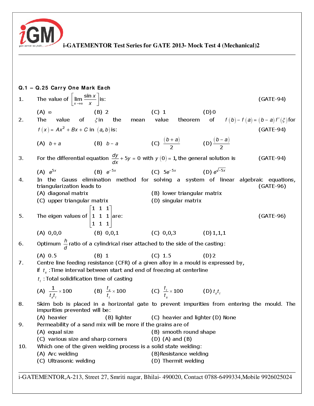 iGate Mechanical Mock Test IV With Solution By Mr Arvind Rai - Page 3