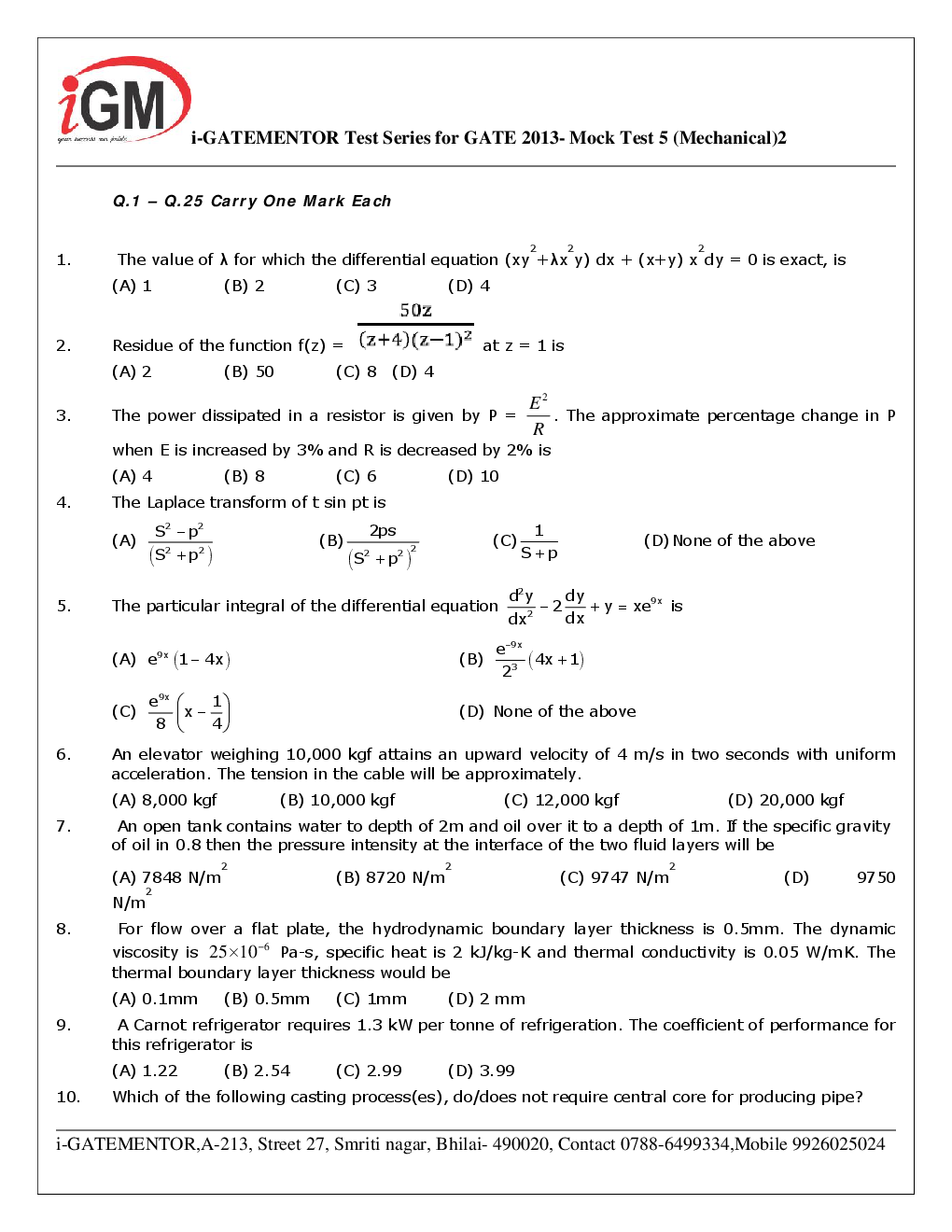 iGate Mechanical Mock Test V With Solution By Mr Arvind Rai - Page 3