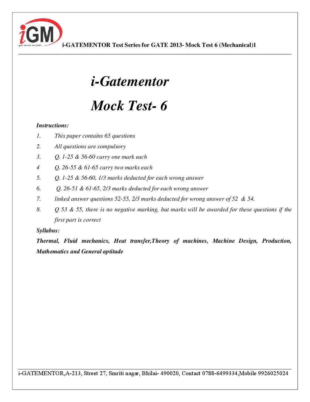 iGate Mechanical Mock Test VI With Solution By Mr Arvind Rai - Page 2