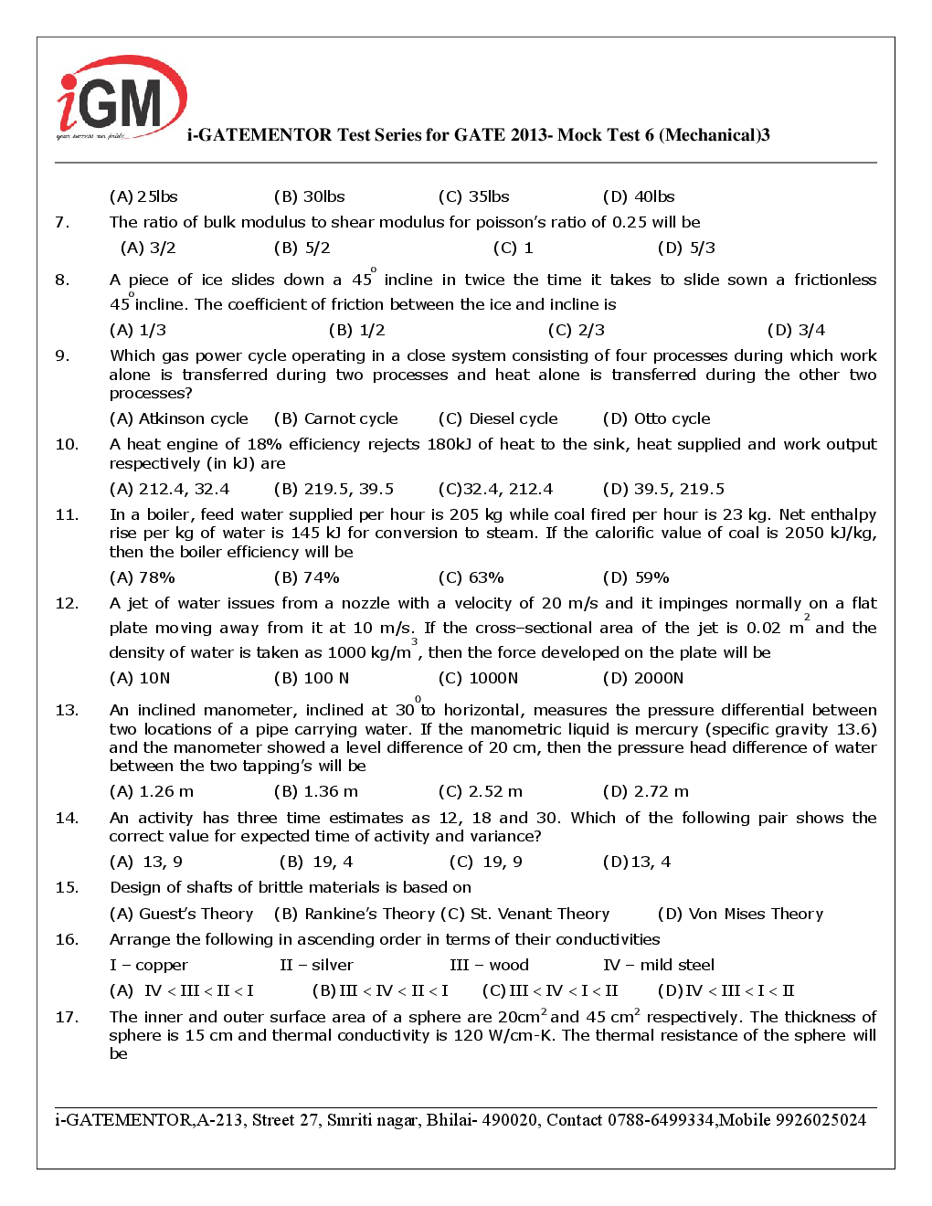 iGate Mechanical Mock Test VI With Solution By Mr Arvind Rai - Page 4