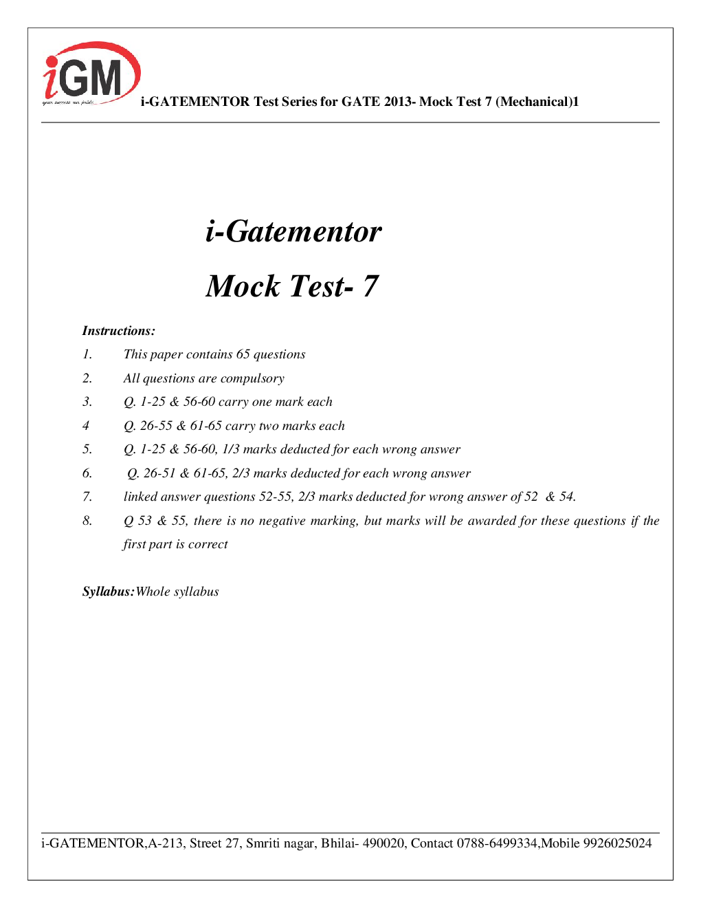 iGate Mechanical Mock Test VII With Solution By Mr Arvind Rai - Page 2