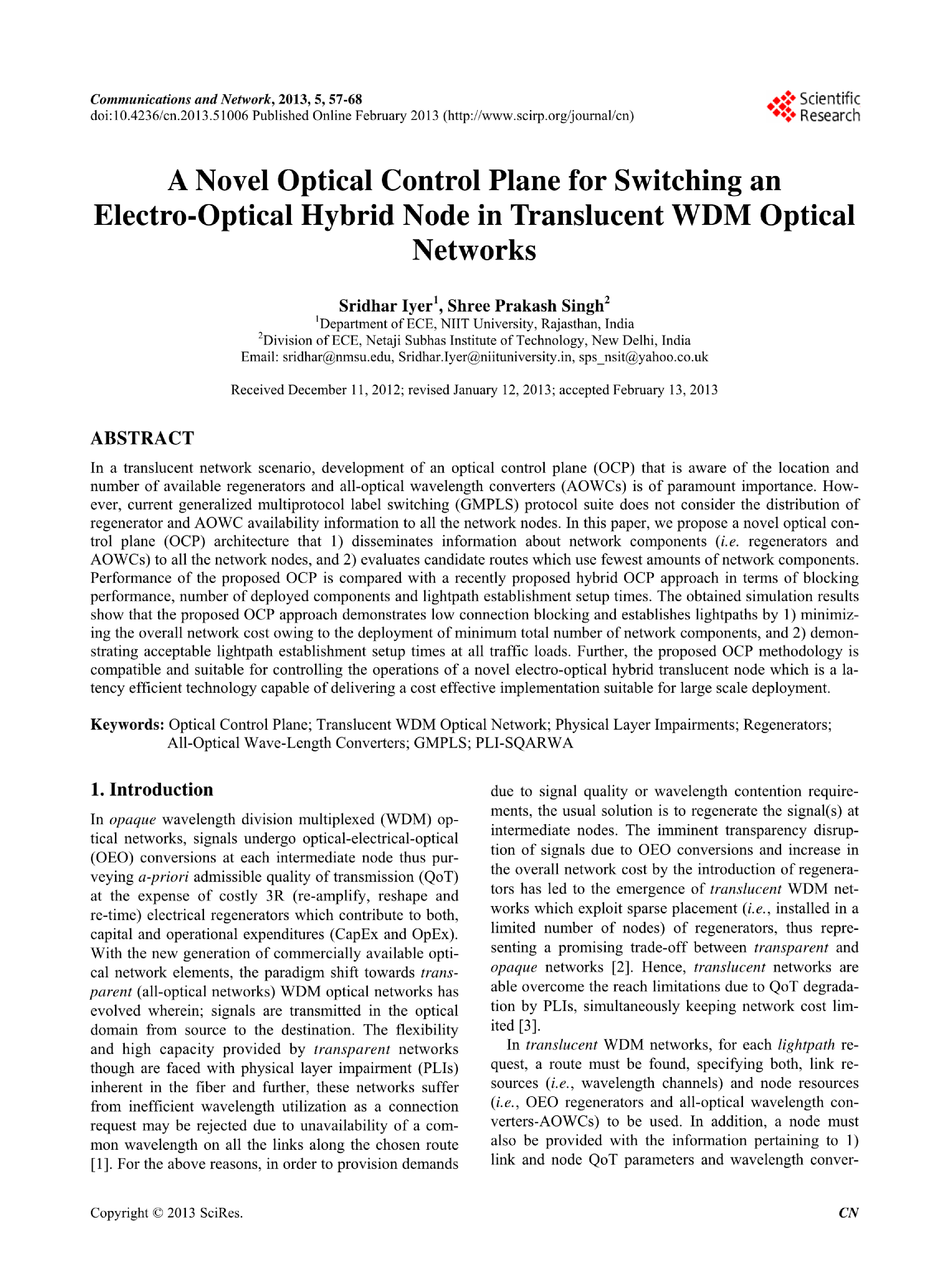 A Novel Optical Control Plane for Switching an Electro-Optical Hybrid Node in Translucent WDM Optical Journal - Page 2