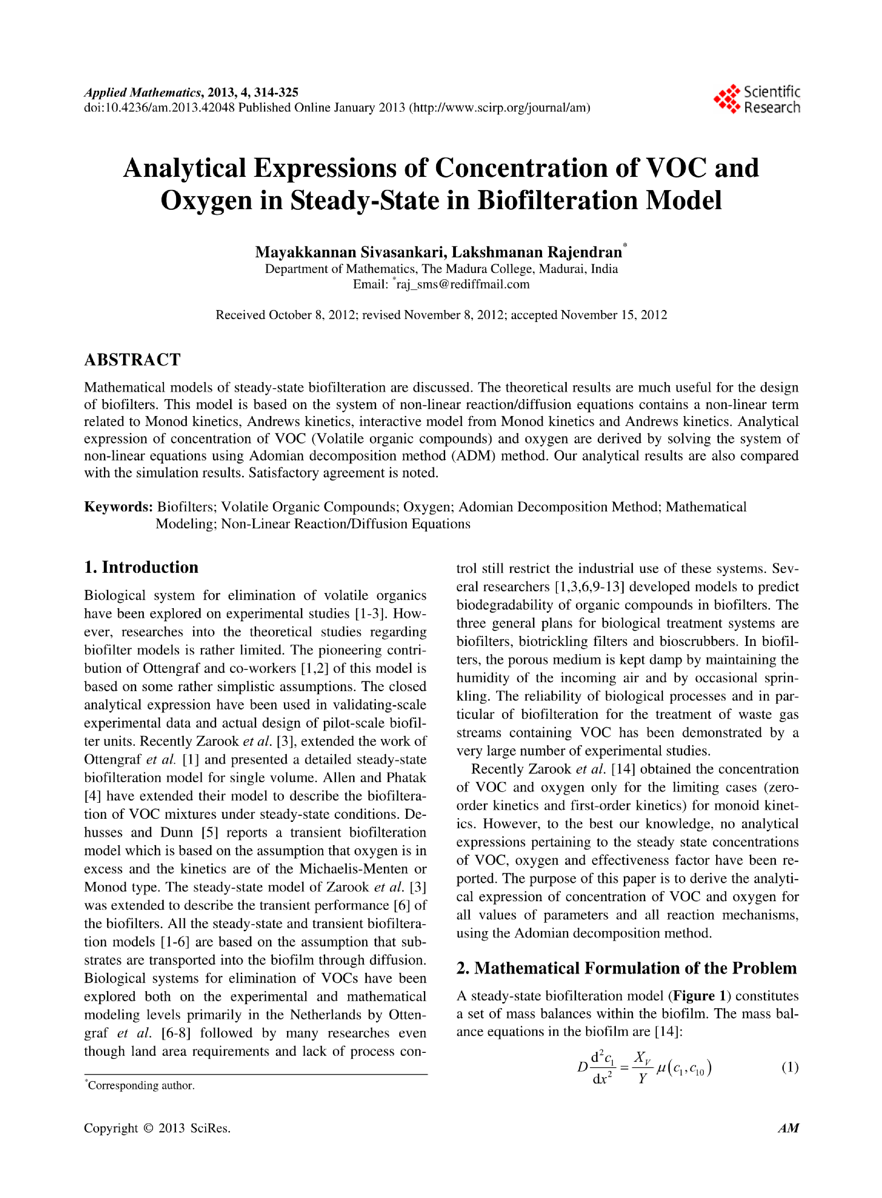 Analytical Expressions of Concentration of VOC and Oxygen in Steady-State in Biofilteration Model Journal - Page 2