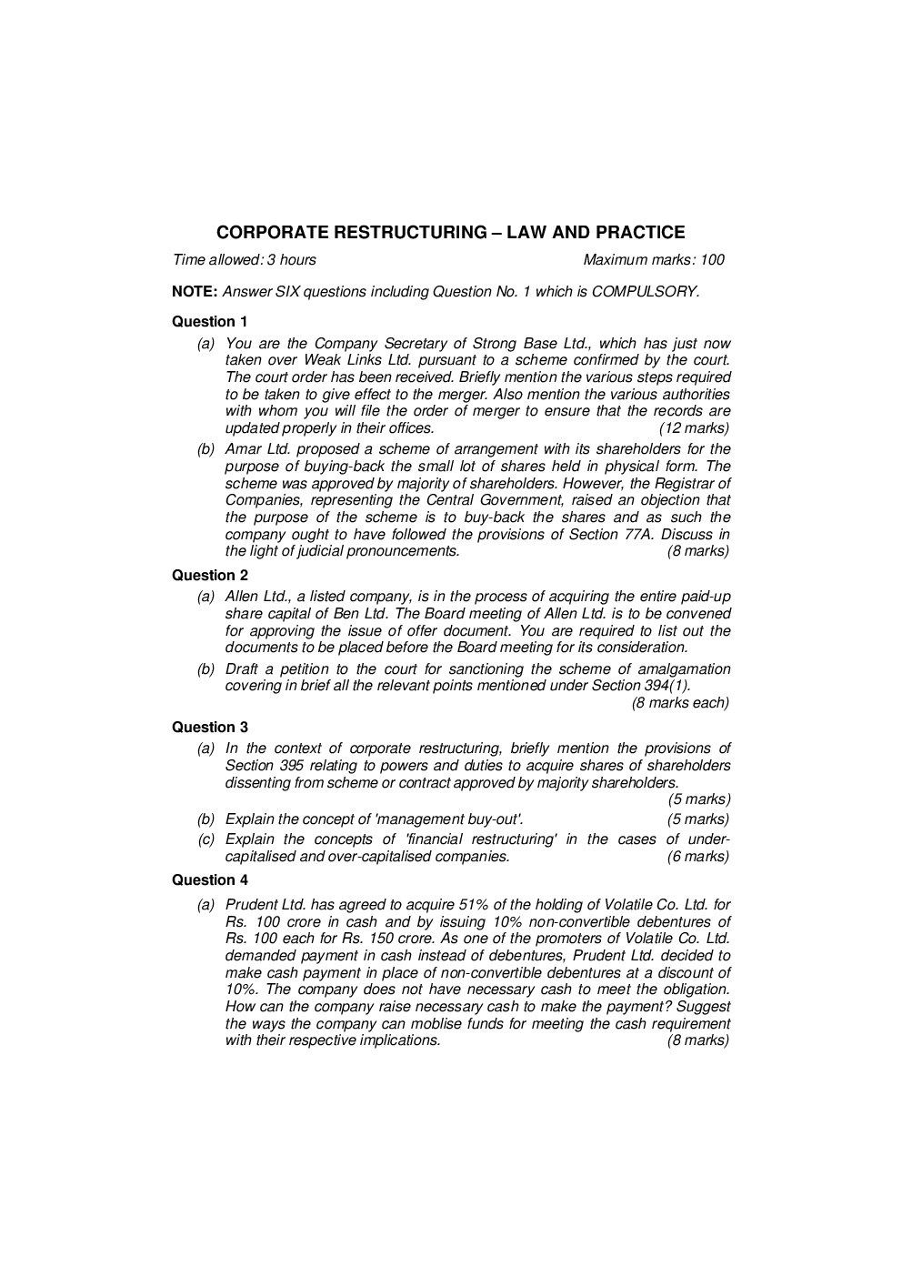CS Corporate Restructurings Law and Practice Question Paper - Page 2