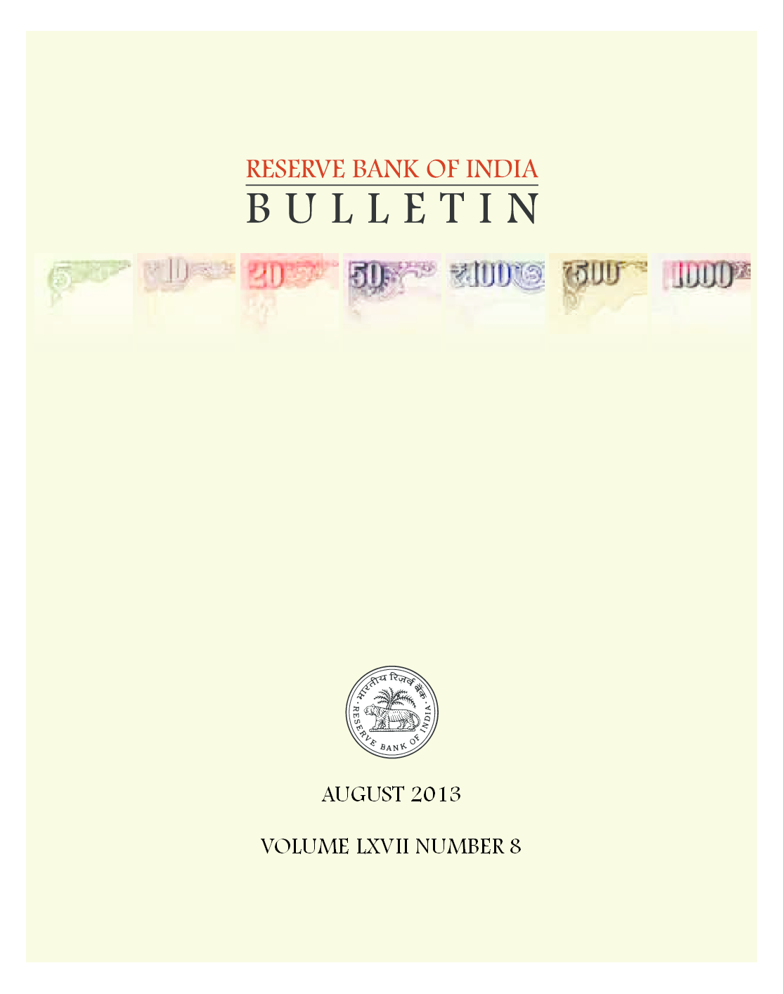 Reserve Bank of India Bulletin August 2013 Volume LXVII Number 8 - Page 1