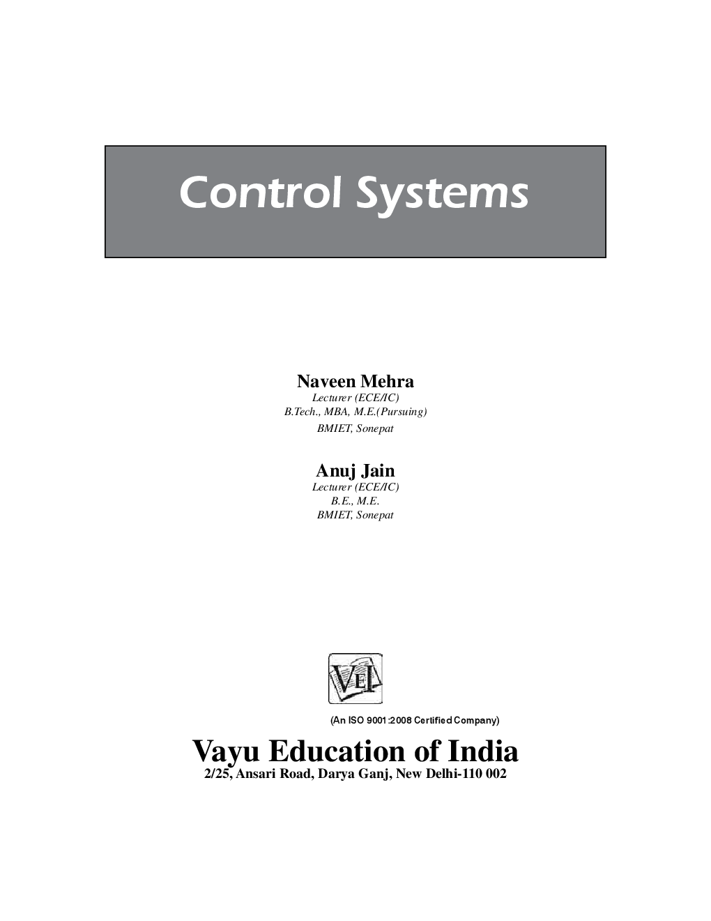 Control Systems By Naveen Mehra and Anuj Jain - Page 1