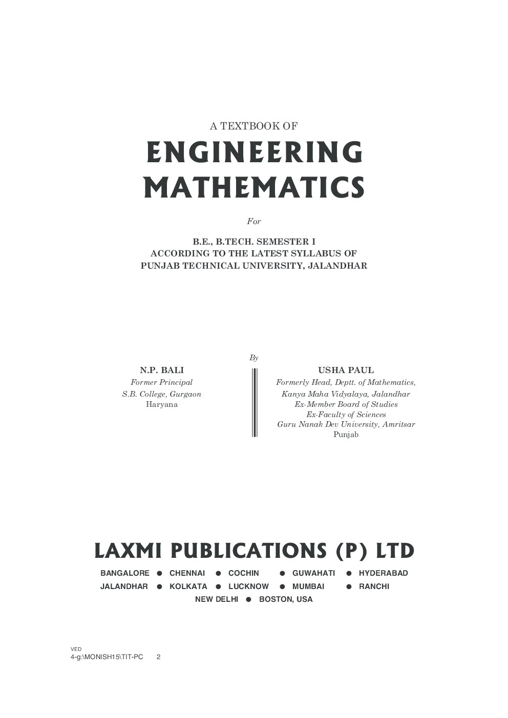 A Text book of Engineering Mathematics sem-I (P.T.U.Jalandhar) By N.P.Bali, Usha Paul - Page 2