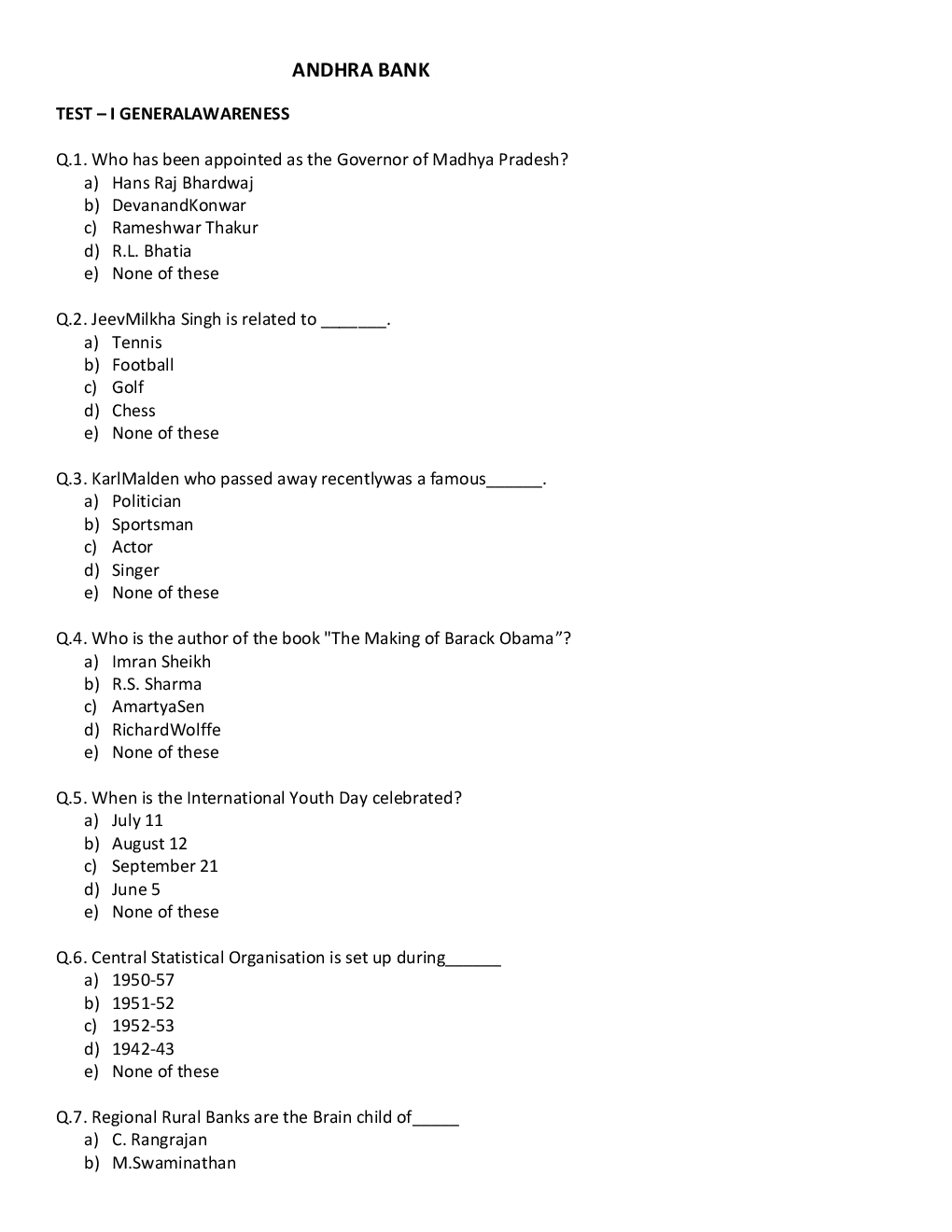 BANK PO Sample Question Papers For Andhra Bank - Page 2