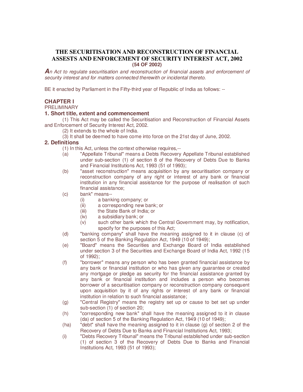 The Securitisation And Reconstruction Of Financial Assests And Enforcement Of Security Interest Act 2002 - Page 2