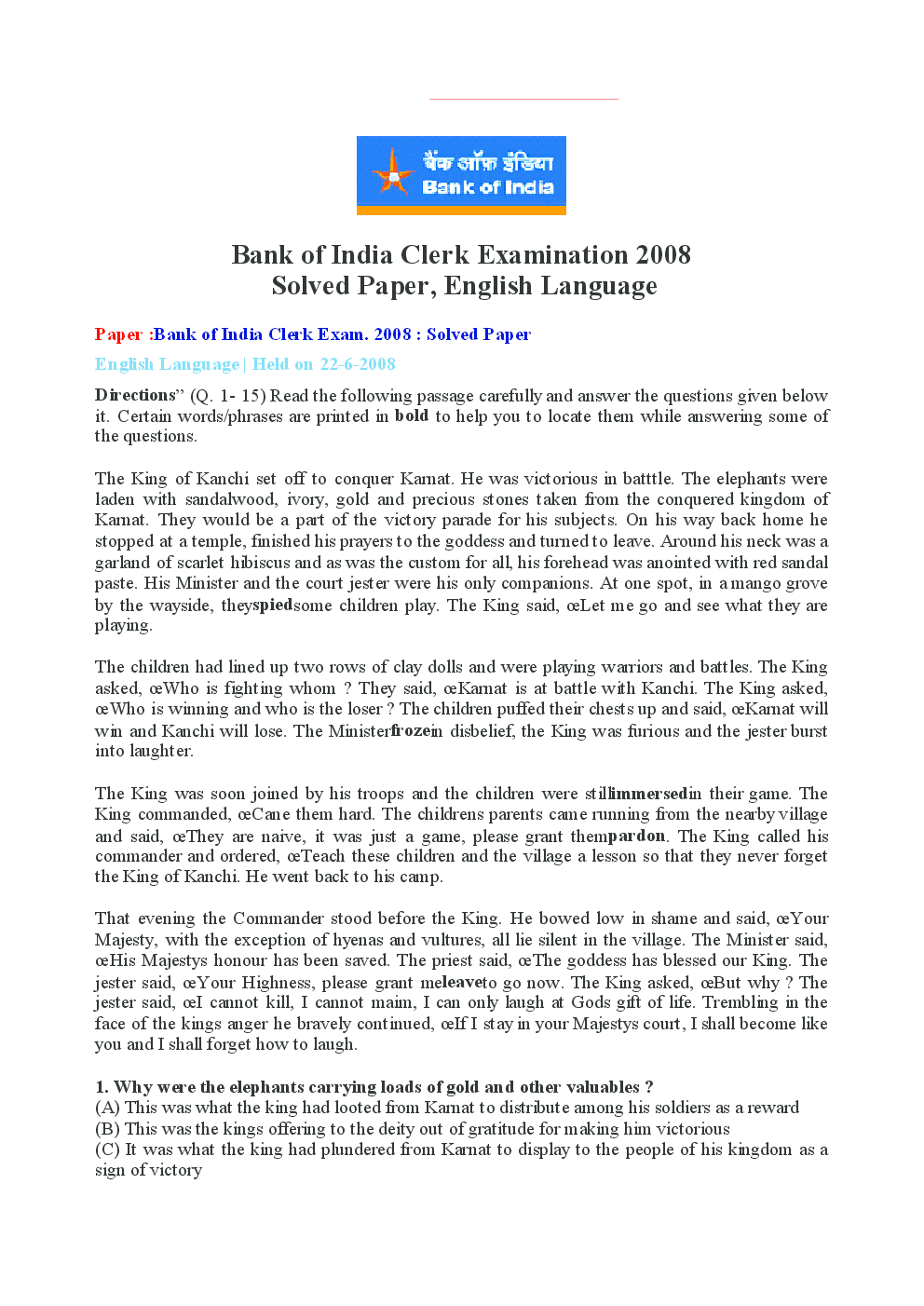 Bank Clerk Bank Of India Solved Previous Year Paper 2008-10 - Page 2