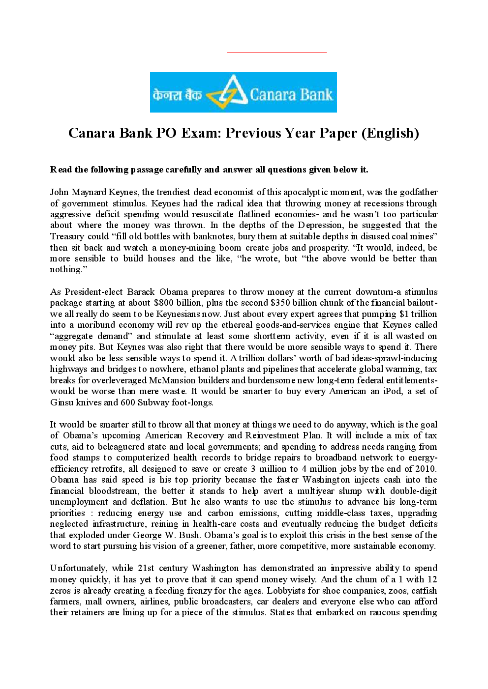 Bank Clerk Canara Bank Solved Sample Previous Year Paper 2008 & 2010 - Page 2