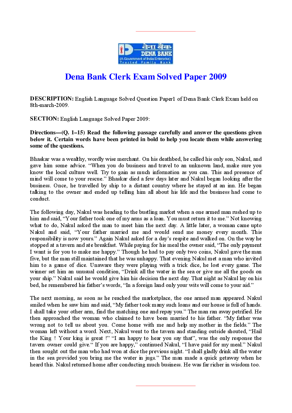 Bank Clerk Dena Bank Solved Sample Previous Year Paper 2008 - Page 2