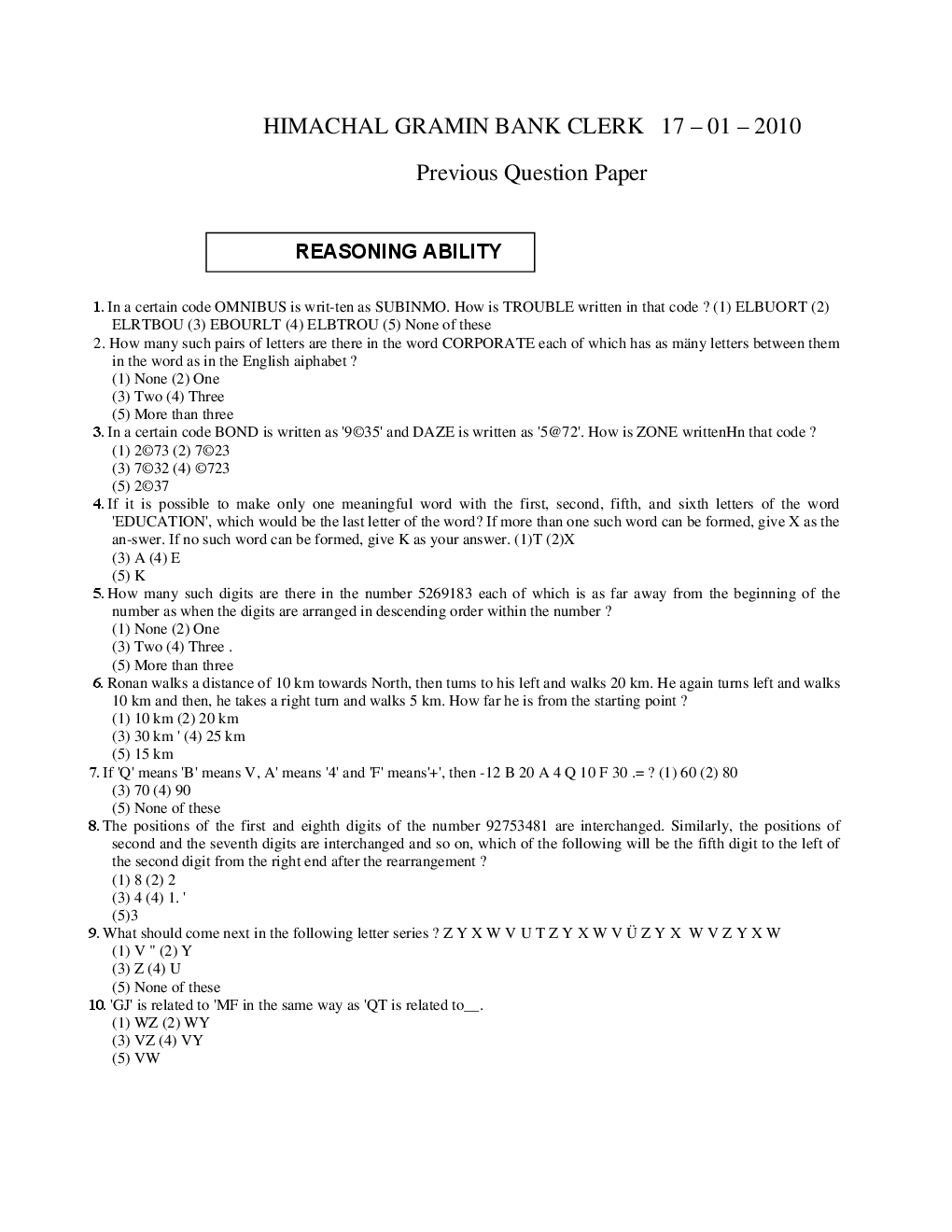 Bank Clerk Himachal Gramin Bank Solved Sample Previous Year Paper 2010 - Page 2