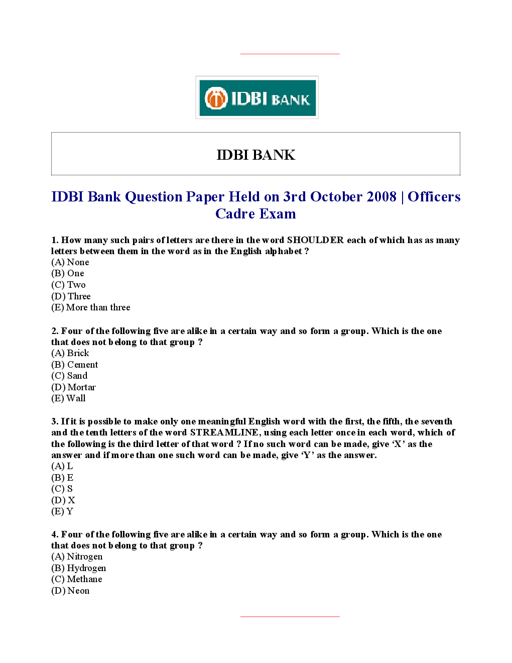 Bank Clerk IDBI Bank Solved Sample Previous Year Paper 2008 - Page 2