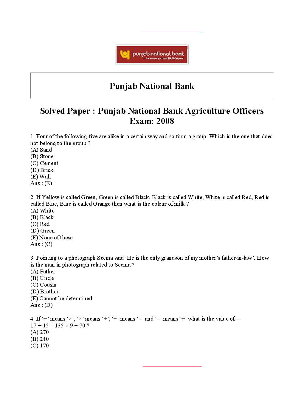 Bank Clerk PNB Bank Solved Sample Previous Year Paper 2008-2010 - Page 2