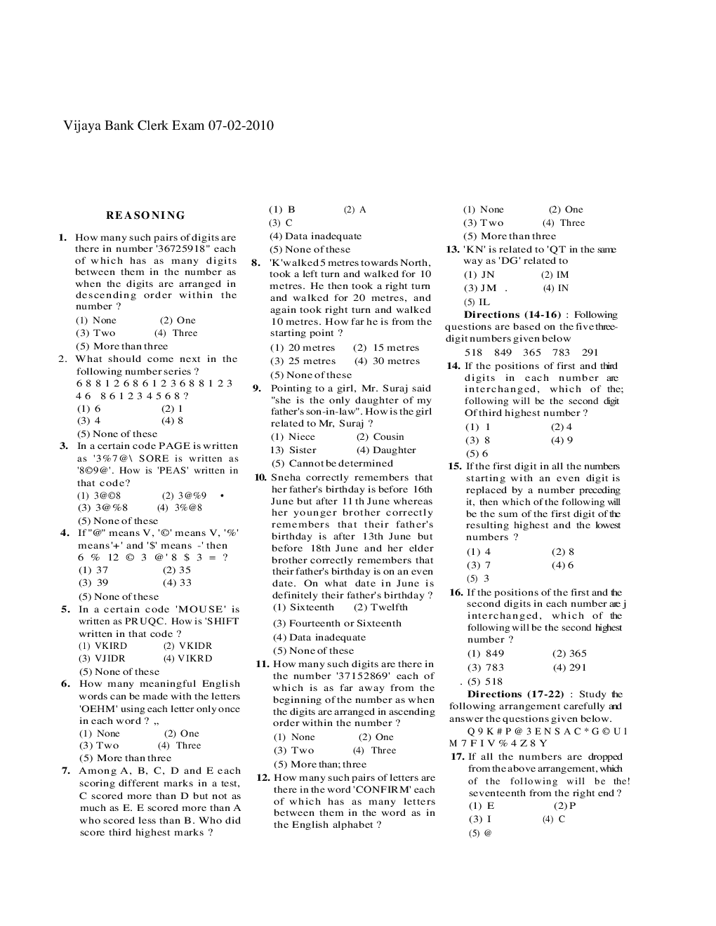 Bank Clerk Vijaya Bank Solved Sample Previous Year Paper 2010 - Page 2