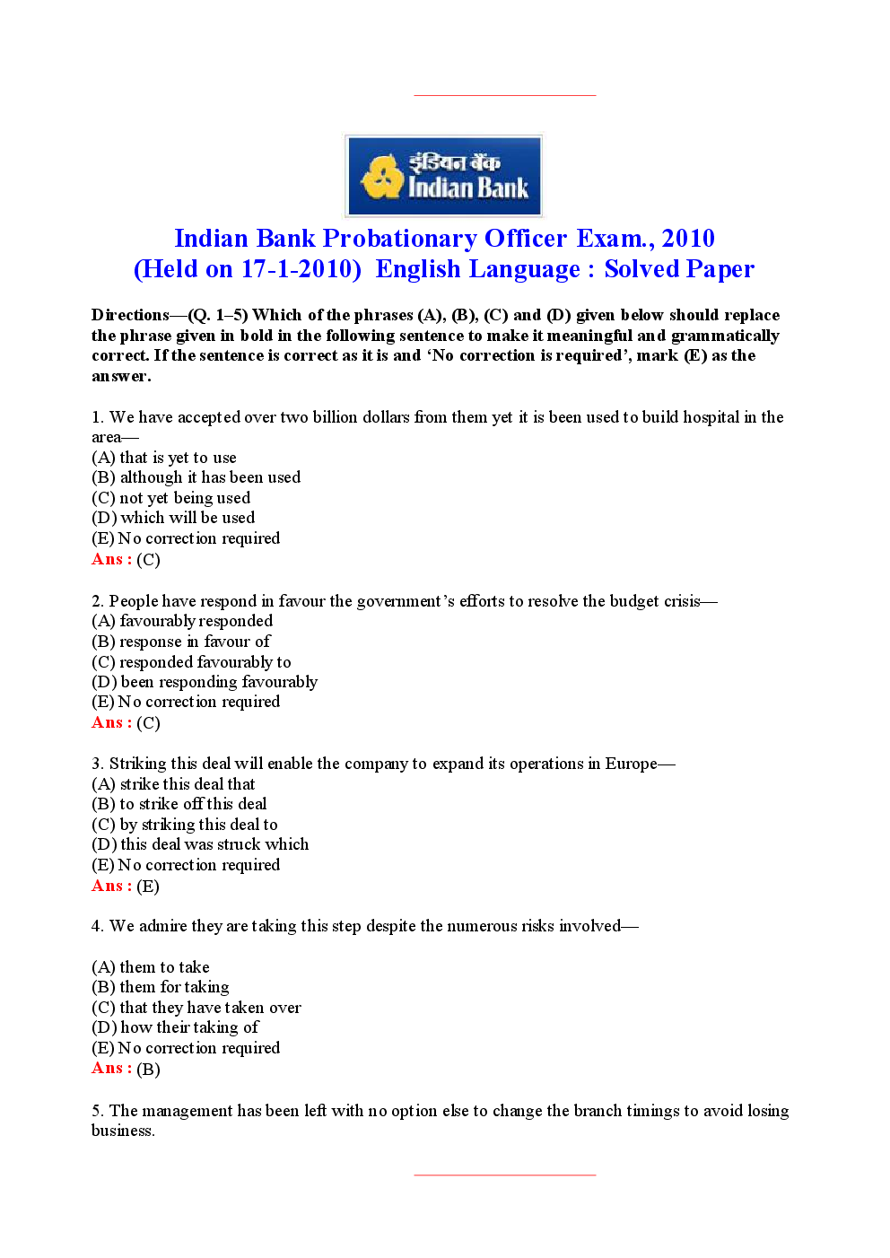 Bank PO Indian Bank Solved Sample Previous Year Paper 2010 - Page 2