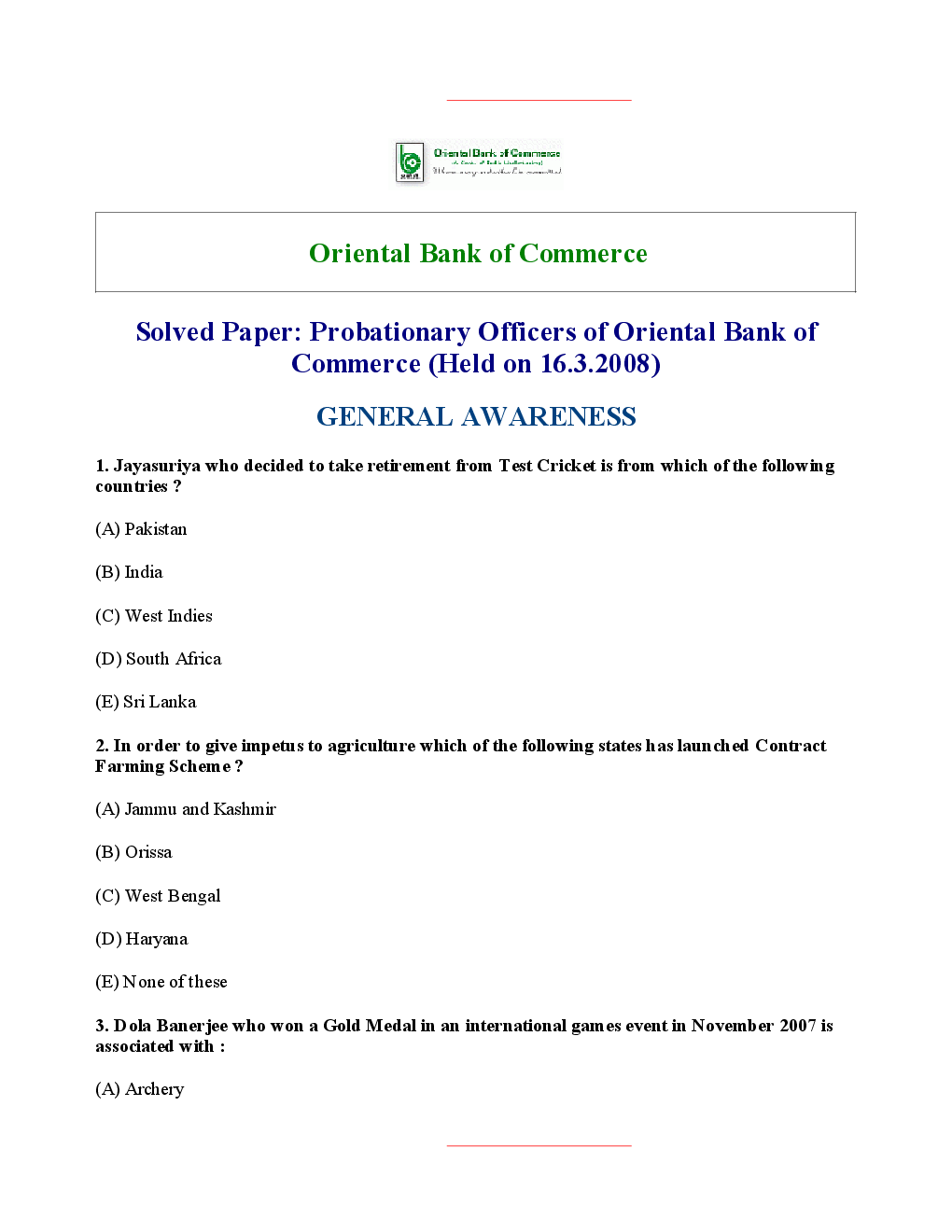 Bank PO OBC Bank Solved Previous Year Paper 2008 - Page 2