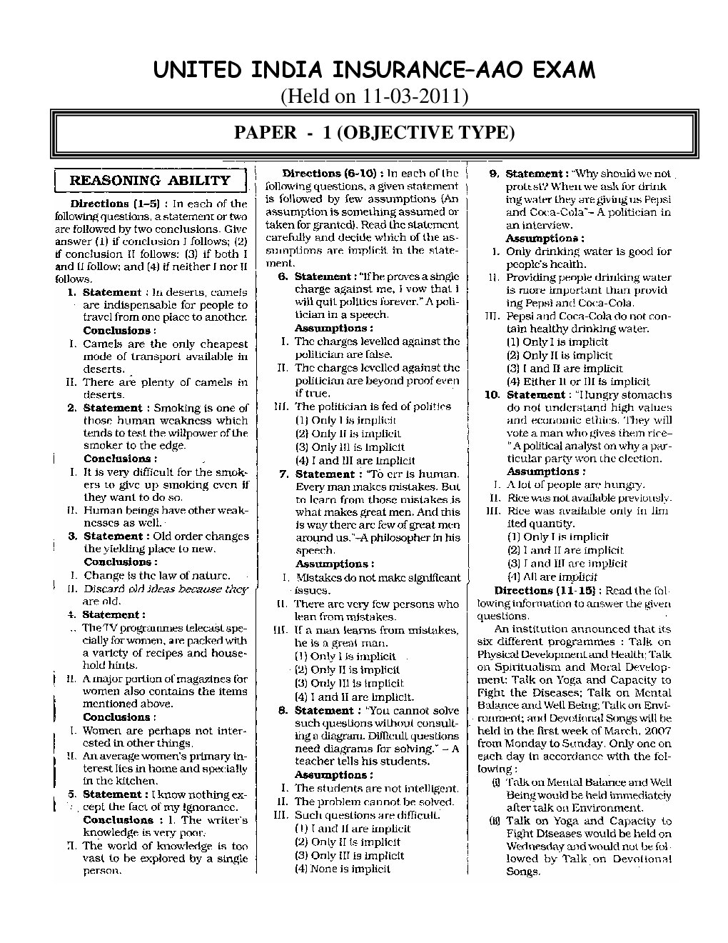 Bank PO United India Insurance Solved Sample Previous Year Paper 2011 - Page 2