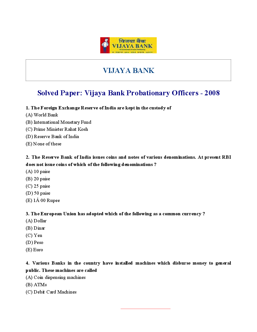 Bank PO Vijaya Bank Solved Sample Previous Year Paper 2008 - Page 2