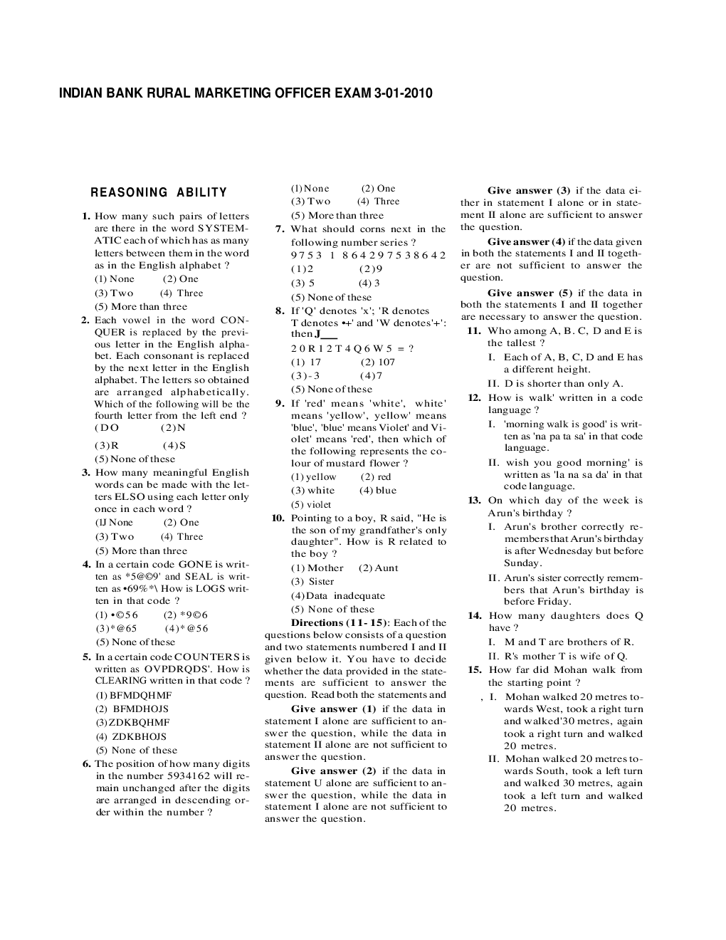 IBPS Marketing Officer Indian Bank Solved Previous Year Paper 2010 - Page 2