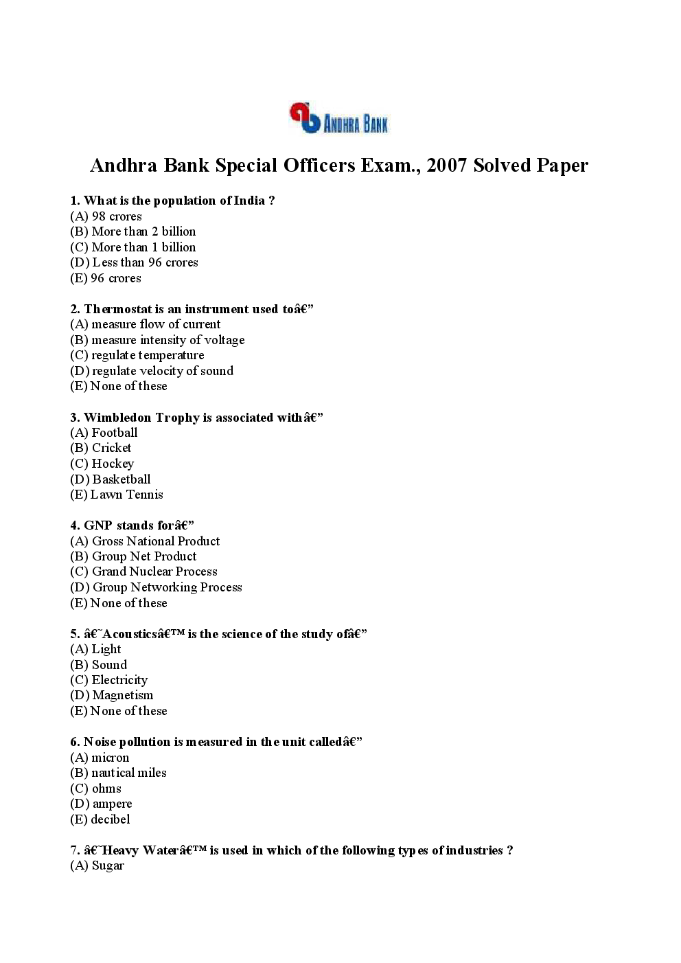 IBPS Special Officers Andhra Bank Solved Previous Year Paper 2007 - Page 2