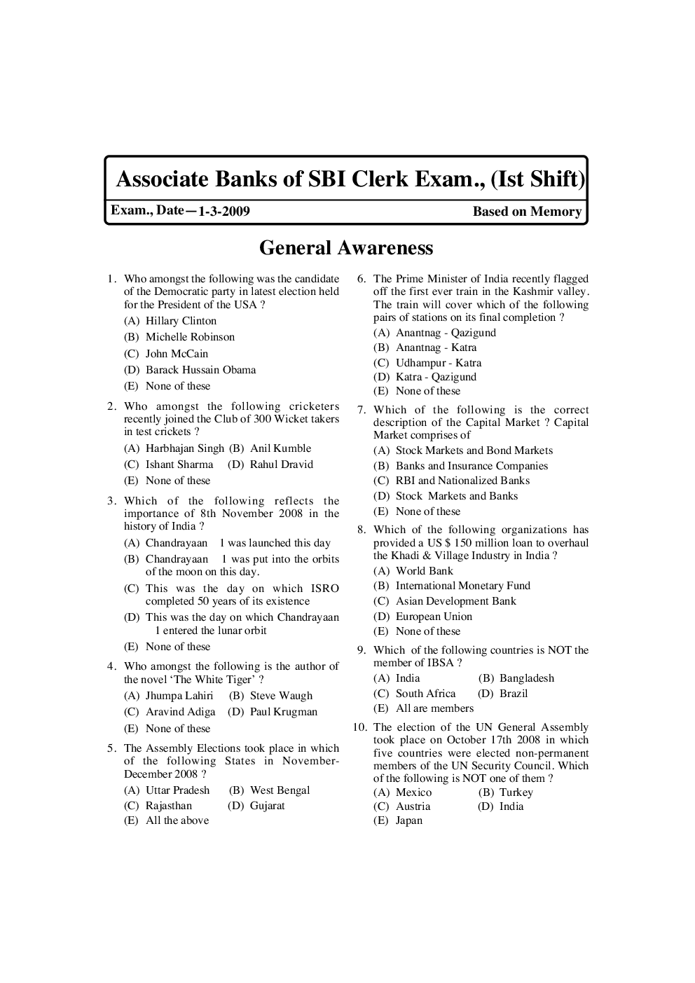 Associate Bank Of SBI Clerk Solved Paper 2009 - Page 2