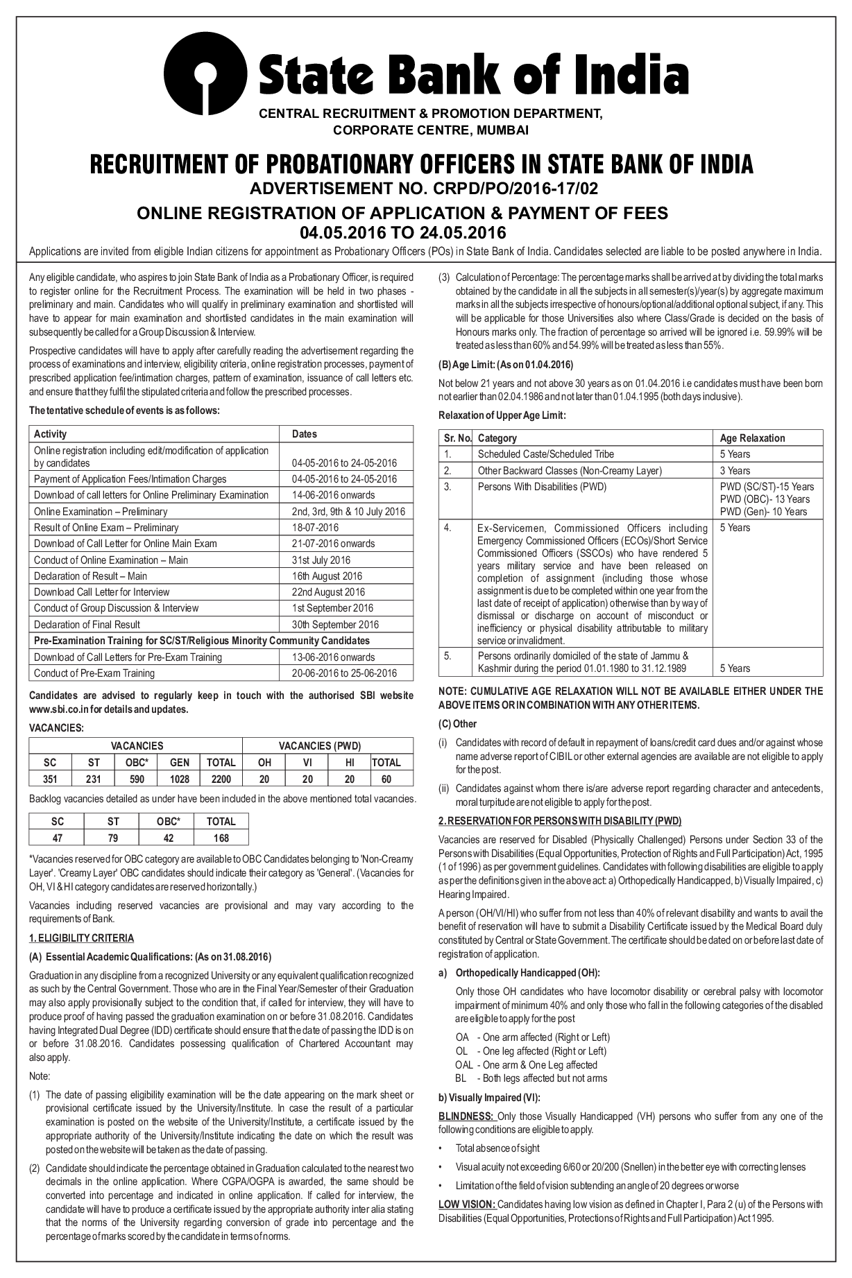 SBI PO 2016 Information Bulletin In English  - Page 2