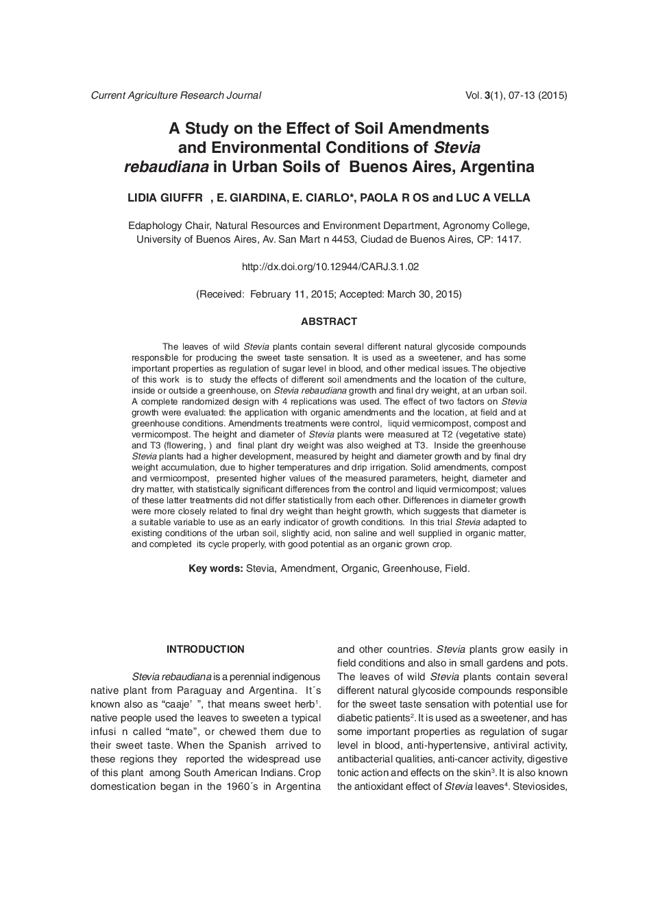 A Study On The Effect Of Soil Amendments And Environmental Conditions Of Stevia Rebaudiana In Urban Soils Of Buenos Aires, Argentina - Page 2