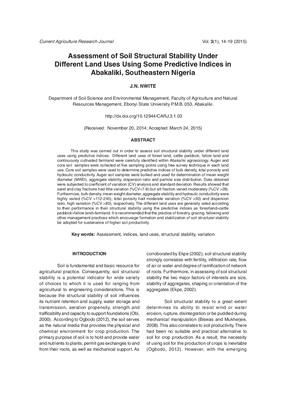 Assessment Of Soil Structural Stability Under Different Land Uses Using Some Predictive Indices In Abakaliki, Southeastern Nigeria - Page 2