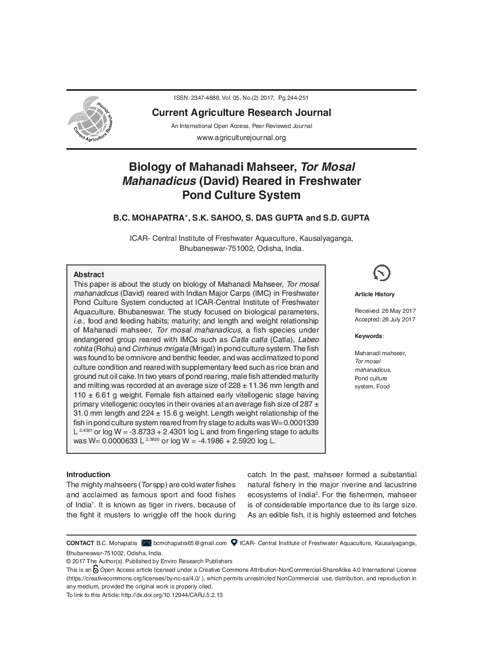 Biology Of Mahanadi Mahseer, Tor Mosal Mahanadicus (David) Reared In Freshwater Pond Culture System - Page 2