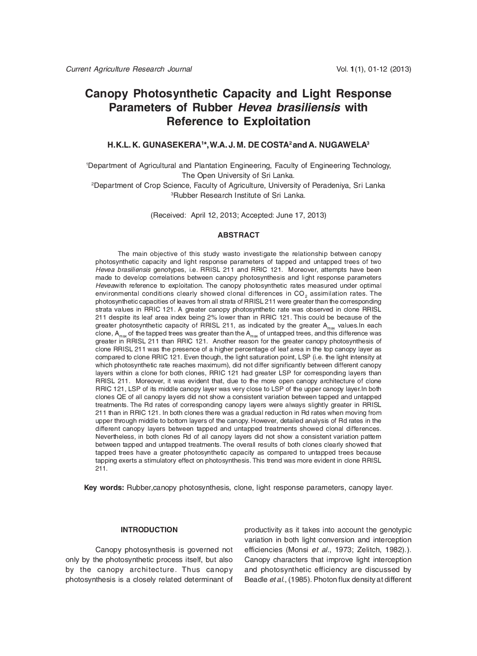 Canopy Photosynthetic Capacity And Light Response Parameters Of Rubber Hevea Brasiliensis With Reference To Exploitation - Page 2