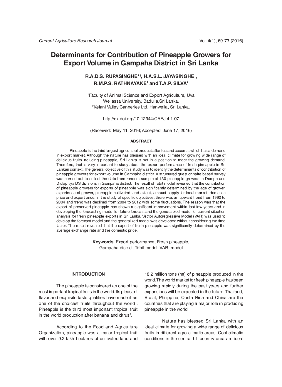 Determinants For Contribution Of Pineapple Growers For Export Volume In Gampaha District In Sri Lanka - Page 2