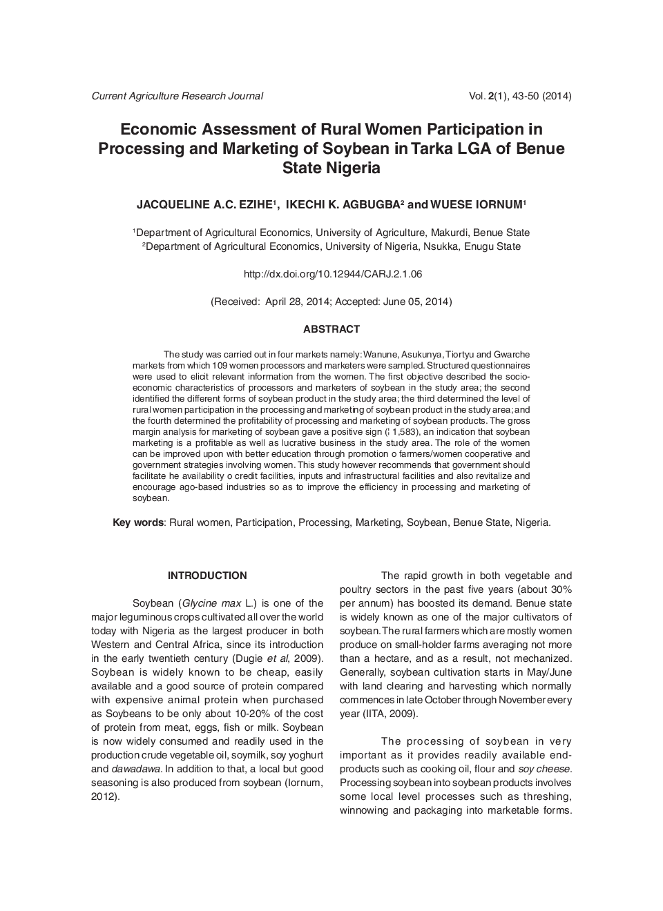 Economic Assessment Of Rural Women Participation In Processing And Marketing Of Soybean In Tarka LGA Of Benue State Nigeria - Page 2