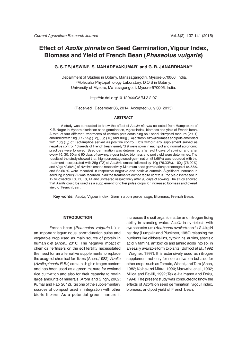 Effect Of Azolla Pinnata On Seed Germination, Vigour Index, Biomass And Yield Of French Bean (Phaseolus Vulgaris) - Page 2