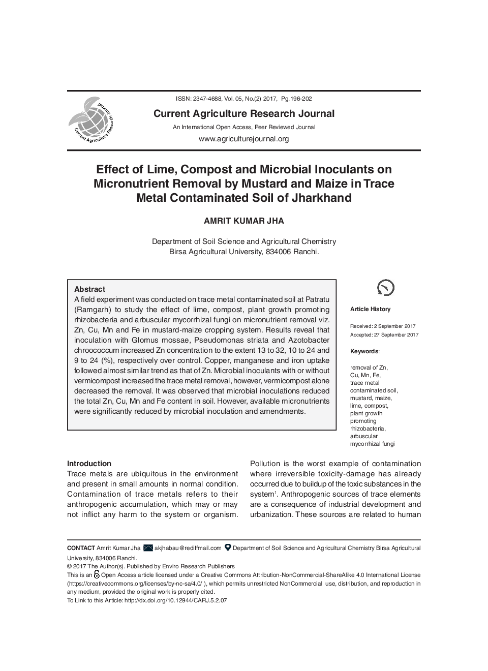 Effect Of Lime, Compost And Microbial Inoculants On Micronutrient Removal By Mustard And Maize In Trace Metal Contaminated Soil Of Jharkhand - Page 2