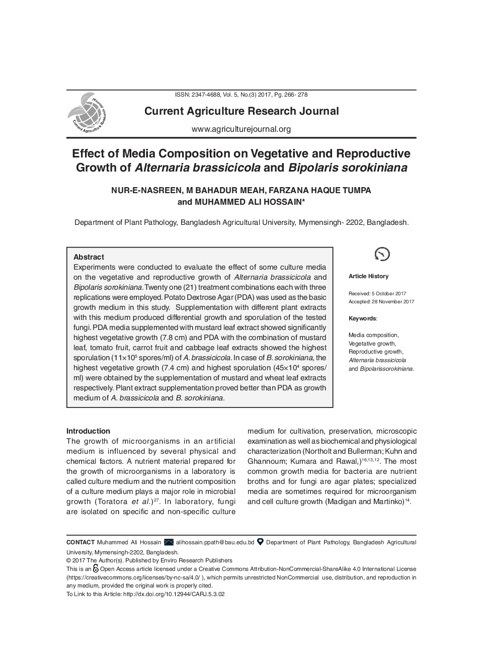 Effect Of Media Composition On Vegetative And Reproductive Growth Of Alternaria Brassicicola And Bipolaris Sorokiniana - Page 2