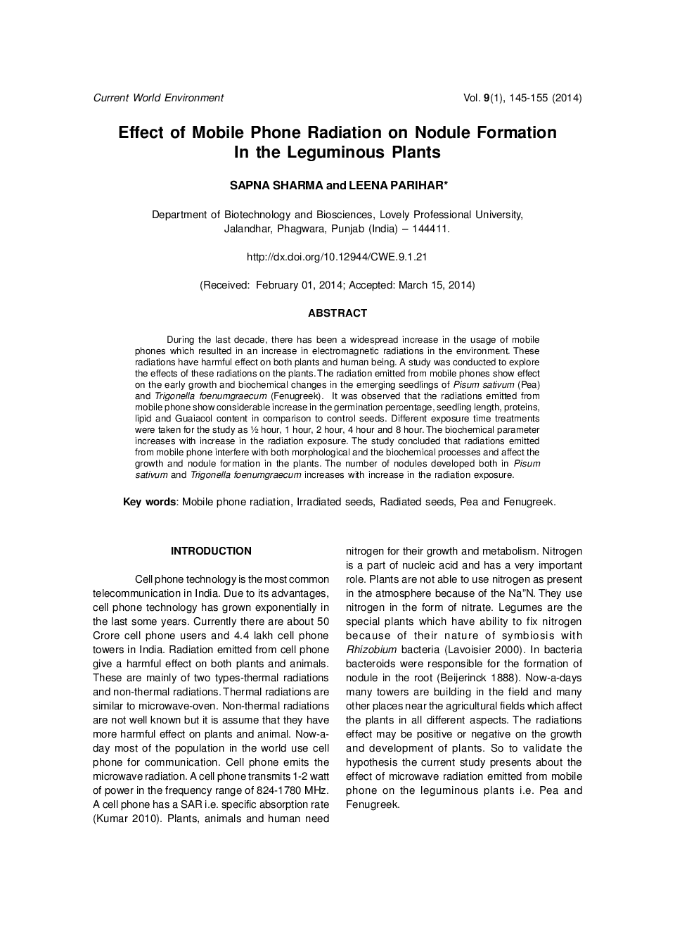Effect Of Mobile Phone Radiation On Nodule Formation In The Leguminous Plants - Page 2