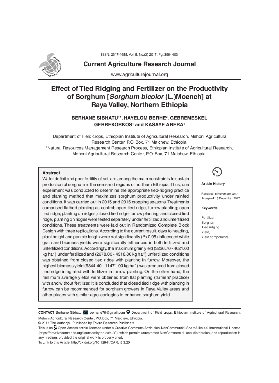 Effect Of Tied Ridging And Fertilizer On The Productivity Of Sorghum [Sorghum Bicolor (L.)Moench] At Raya Valley, Northern Ethiopia - Page 2