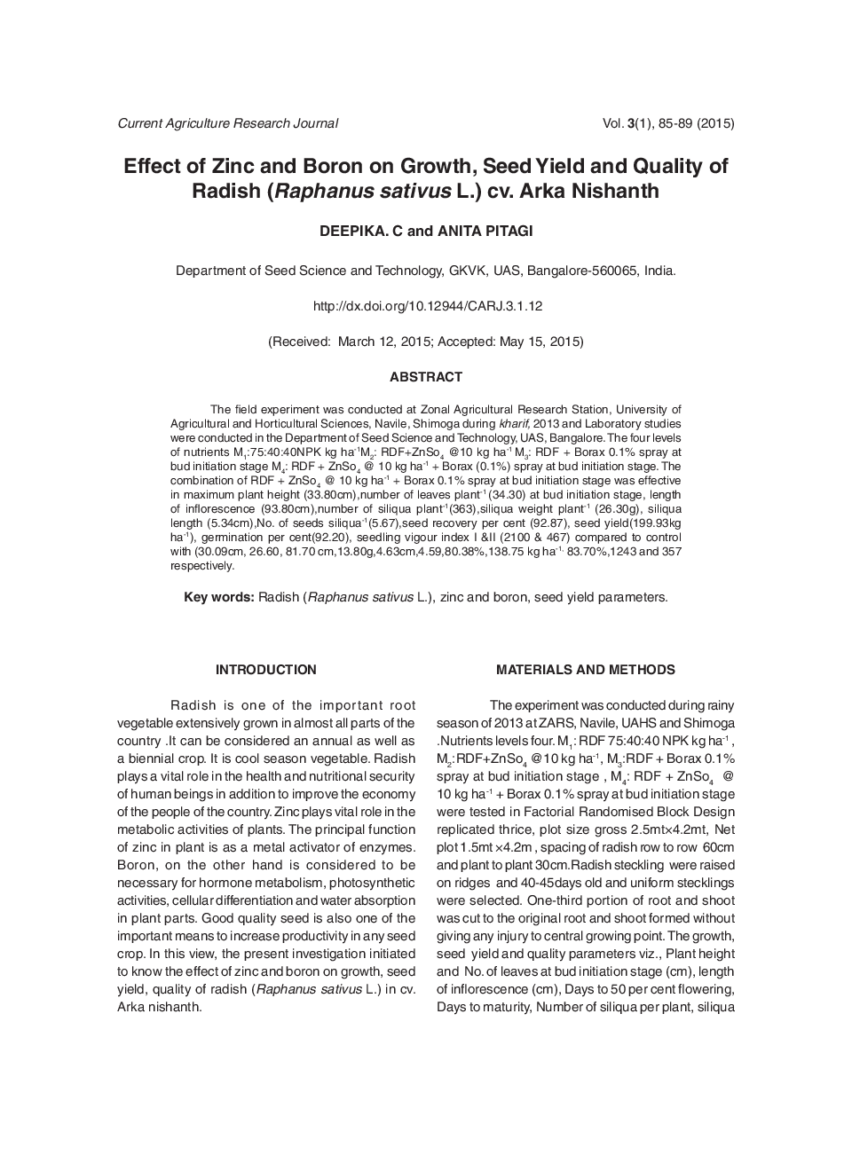 Effect Of Zinc And Boron On Growth, Seed Yield And Quality Of Radish (Raphanus Sativus L.) CV. Arka Nishanth - Page 2