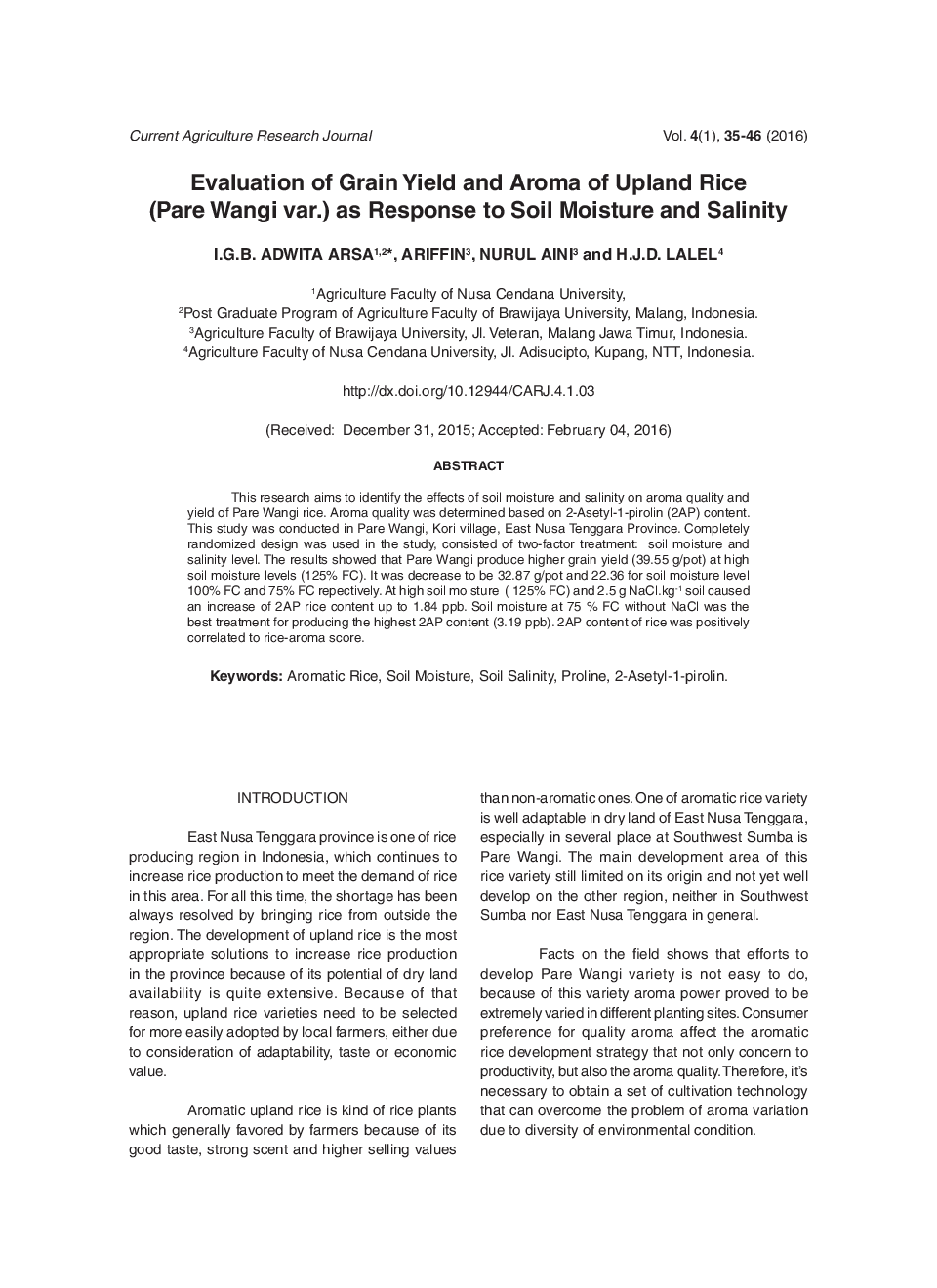 Evaluation Of Grain Yield And Aroma Of Upland Rice (Pare Wangi Var.) As Response To Soil Moisture And Salinity - Page 2