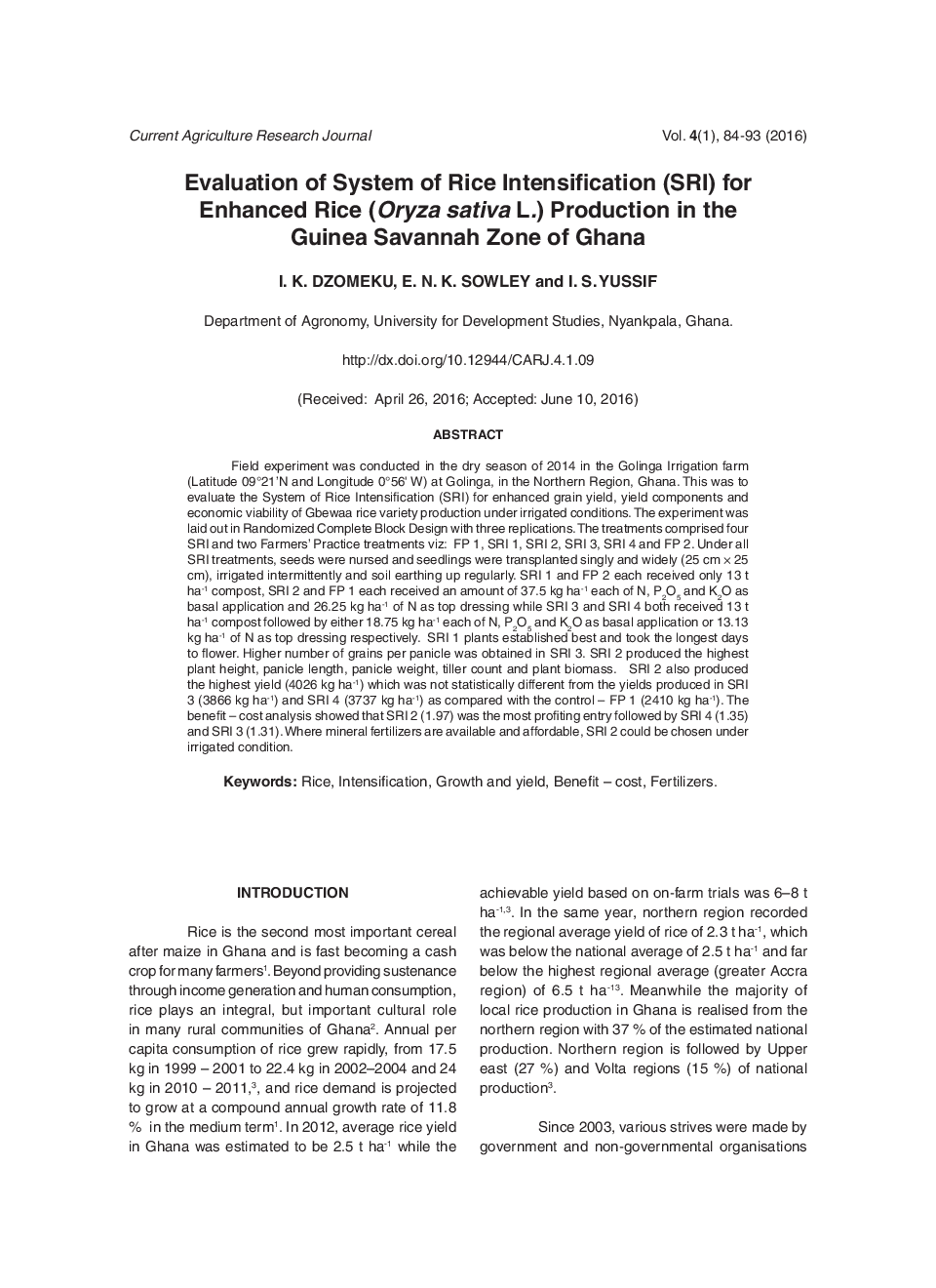 Evaluation Of System Of Rice Intensification (SRI) For Enhanced Rice (Oryza Sativa L.) Production In the Guinea Savannah Zone Of Ghana - Page 2