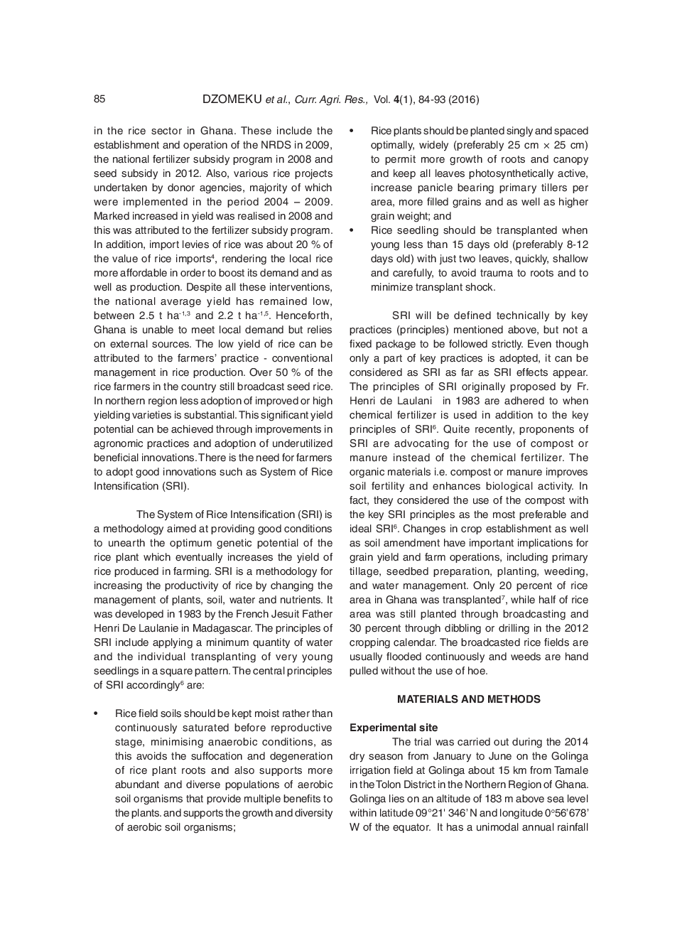 Evaluation Of System Of Rice Intensification (SRI) For Enhanced Rice (Oryza Sativa L.) Production In the Guinea Savannah Zone Of Ghana - Page 3