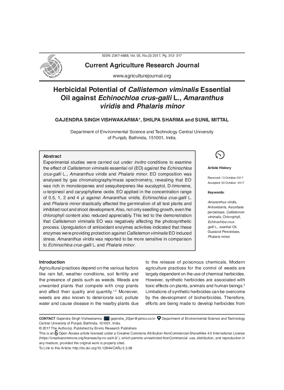 Herbicidal Potential Of Callistemon Viminalis Essential Oil Against Echinochloa Crus-Galli L., Amaranthus Viridis And Phalaris Minor - Page 2