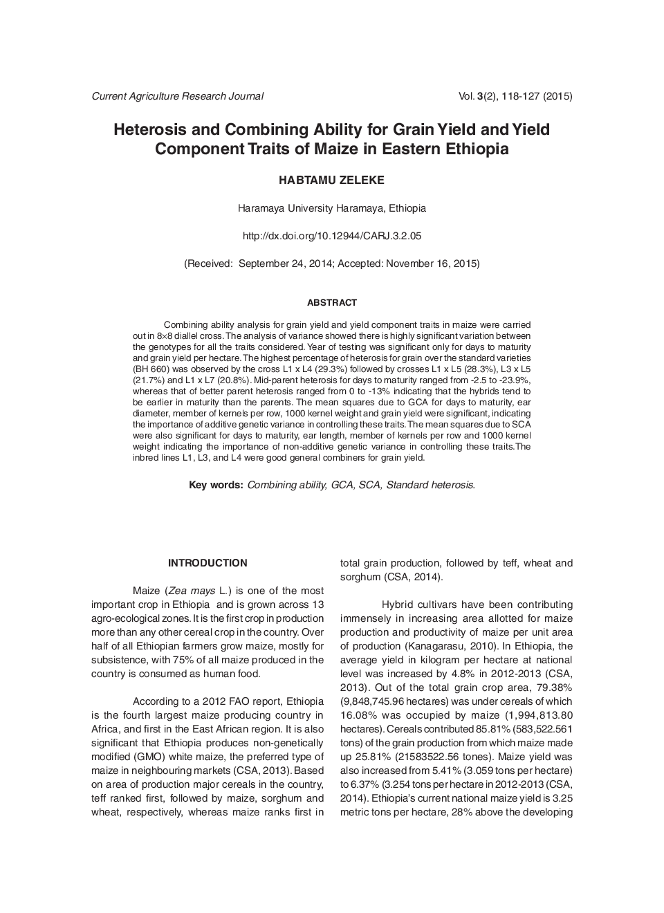 Heterosis And Combining Ability For Grain Yield And Yield Component Traits Of Maize In Eastern Ethiopia - Page 2