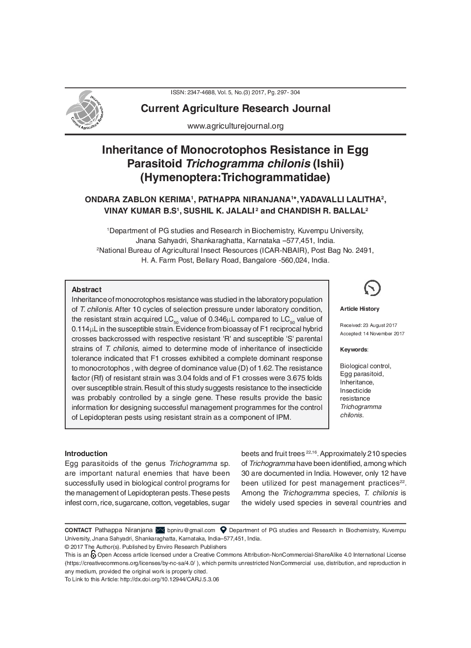 Inheritance Of Monocrotophos Resistance In Egg Parasitoid Trichogramma Chilonis (Ishii) (Hymenoptera:Trichogrammatidae) - Page 2