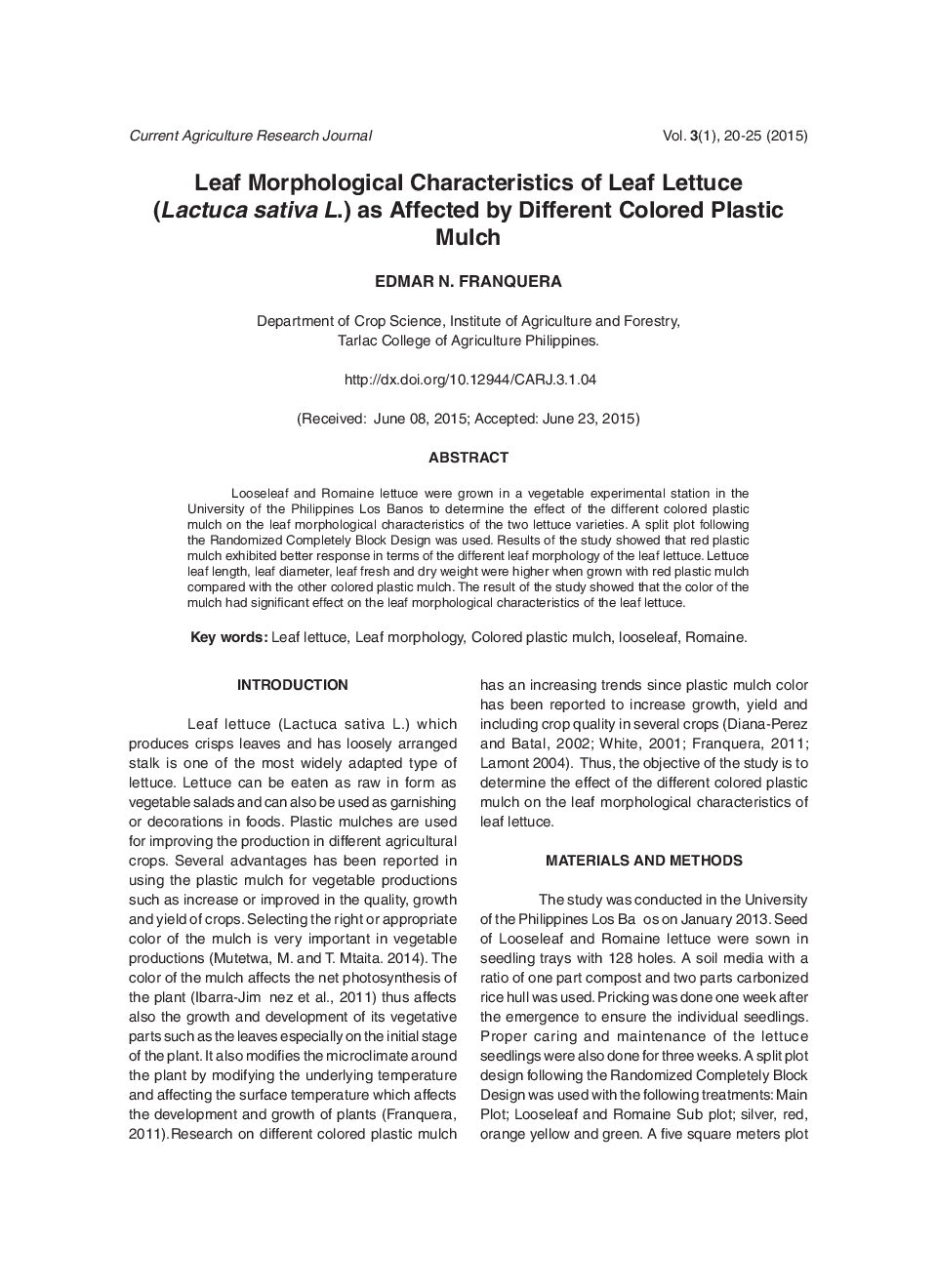 Leaf Morphological Characteristics Of Leaf Lettuce (Lactuca Sativa L.) As Affected By Different Colored Plastic Mulch - Page 2