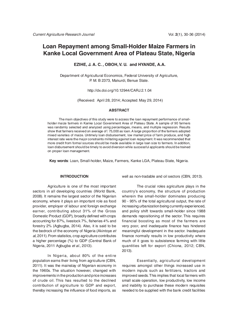 Loan Repayment Among Small-Holder Maize Farmers In Kanke Local Government Area Of Plateau State, Nigeria - Page 2