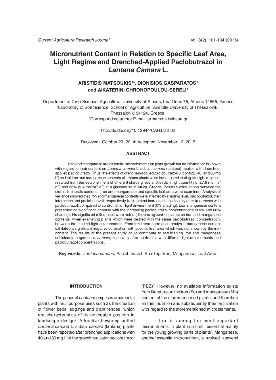 Micronutrient Content In Relation To Specific Leaf Area, Light Regime And Drenched-Applied Paclobutrazol In Lantana Camara L. - Page 2